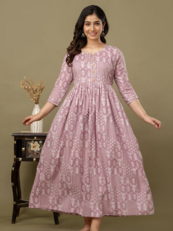 Ashvy India Dusty Pink Leaf Print Cotton Maternity Maxi Dress with Buttons – 2048