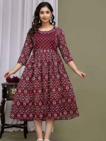 Ashvy India Maroon Floral Print Cotton Maternity Maxi Dress – 2050