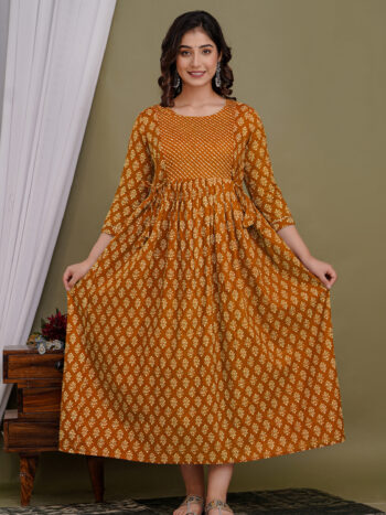 Ashvy India Mustard Leaf Print Cotton Maternity Maxi Dress with Lattice Neck – 2051