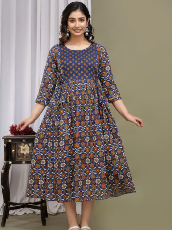 Ashvy India Navy Blue Floral Print Cotton Maternity Maxi Dress – 2051