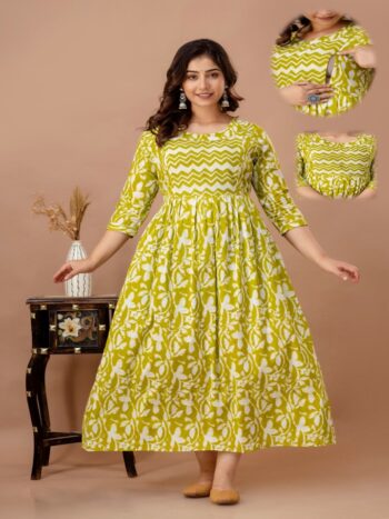Ashvy India Green Zigzag Leaf Cotton Maternity & Nursing Midi Dress – 2054