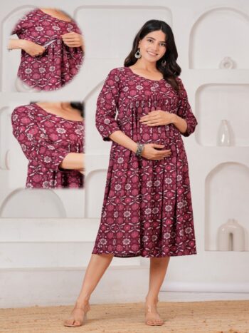 Ashvy India Wine Floral Cotton Maternity & Nursing Midi Dress with Concealed Zip – 702