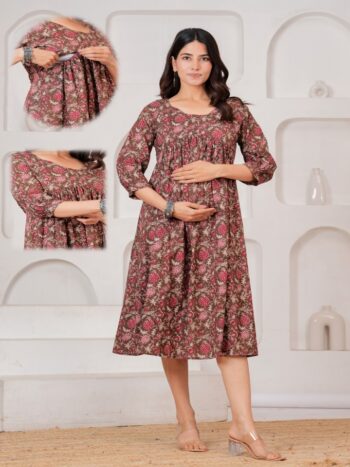 Ashvy India Maroon Floral Cotton Maternity & Nursing Midi Dress with Concealed Zip – 703