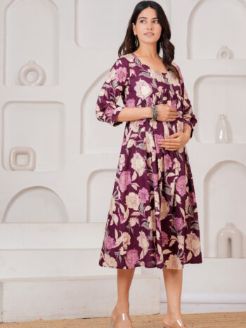 Ashvy India Purple Floral Cotton Maternity & Nursing Midi Dress with Concealed Zip – 704