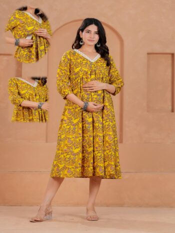 Ashvy India Mustard Floral Cotton Maternity & Nursing Midi Dress with V-Neck – 705