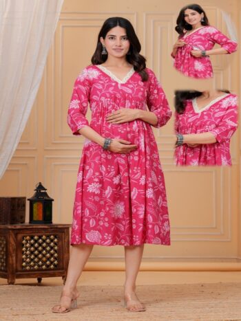 Ashvy India Fuchsia Floral Cotton Maternity & Nursing Midi Dress with V-Neck – 706