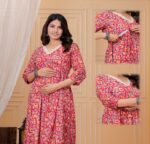 Ashvy Red Floral Cotton Maternity & Feeding Dress with Concealed Zippers | Nursing Friendly Midi Dress for Pregnancy & Postpartum