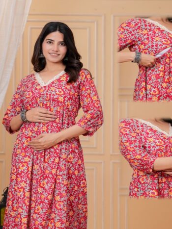 Ashvy Red Floral Cotton Maternity & Feeding Dress with Concealed Zippers | Nursing Friendly Midi Dress for Pregnancy & Postpartum