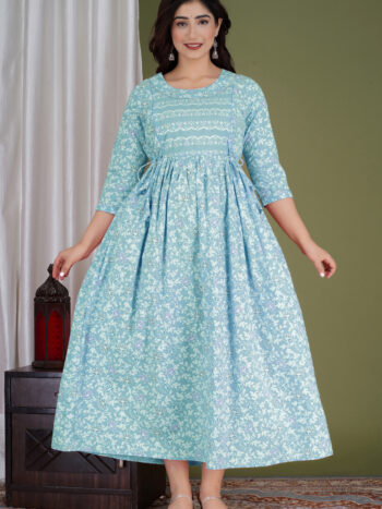 Ashvy India Mint Green Floral Cotton Maternity Maxi Dress