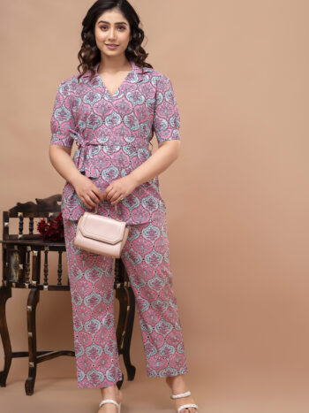 Ashvy India Plus Size Pink Leaf Print Cotton Co-Ord Set for Women | Comfort Fit Top & Pant