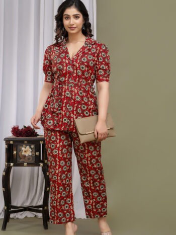 Ashvy India Red Floral Print Cotton Co-Ord Set for Women | V-Neck Top & Straight Pants