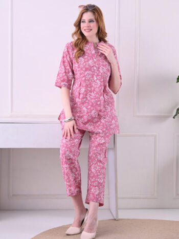 Ashvy India – Pink Floral Print Cotton Nursing Kurti & Trouser Co-Ord Set | Maternity Wear for Women