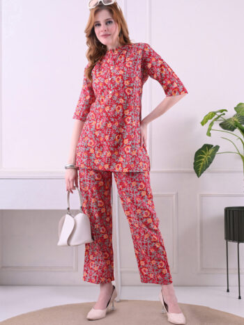 Ashvy India – Red Multicolour Floral Print Cotton Nursing Kurta with Button & Zip Access | Maternity Wear for Women