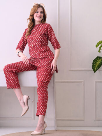 Ashvy India – Crimson Red Ethnic Print Cotton Nursing Kurta with Button & Zip Access | Maternity Wear for Women