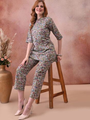 Ashvy India – White Multicolour Floral Print Cotton Nursing Kurti & Trouser Co-Ord Set | Maternity Wear for Women