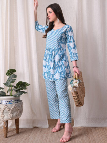 Ashvy India – Steel Blue Mixed Print Cotton Nursing Maxi Dress with Zip Access | Maternity & Loungewear for Women