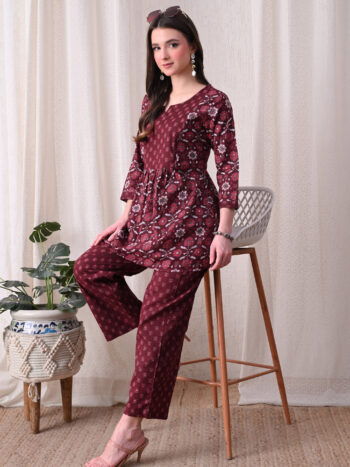 Ashvy India – Wine Floral Medallion Print Cotton Nursing Anarkali with Zip Access | Maternity Wear for Women