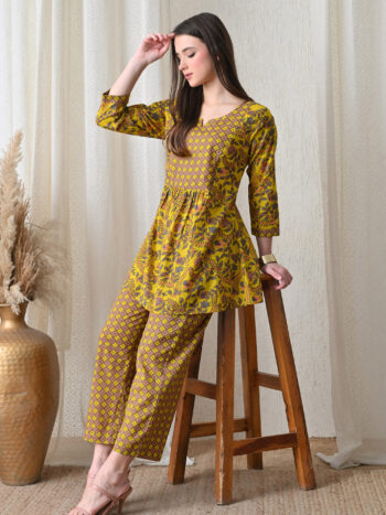 Ashvy India – Mustard Yellow Mixed Print Cotton Nursing Maxi Dress with Zip Access | Maternity & Loungewear for Women