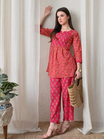 Ashvy India – Magenta Pink Mughal Mixed Print Cotton Nursing Anarkali with Zip Access | Maternity Wear for Women