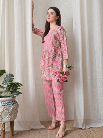 Ashvy India – Peach Pink Mixed Print Cotton Nursing Kurti & Trouser Co-Ord Set with Zip Access | Maternity Wear for Women