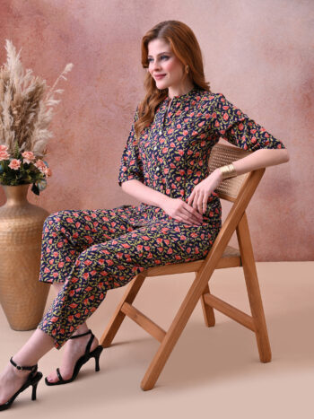 Ashvy India – Navy Blue Floral Print Cotton Nursing Kurta with Button & Zip Access | Maternity Wear for Women